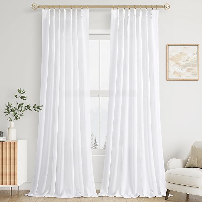 Aersas White Pinch Pleated Linen Curtains 100 Inches Long for Living Room Bedroom Pinch Pleat with Hooks for Track Back Tab Boho Farmhouse Semi Sheer 100 Inch Curtain for Dining Room