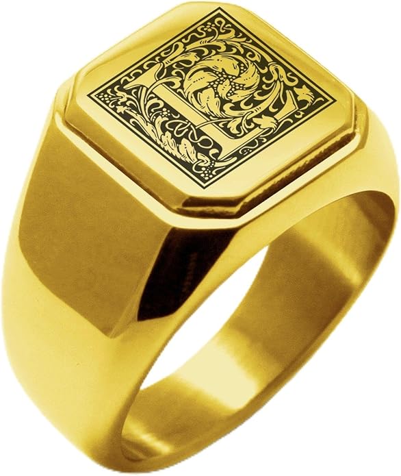 Jewelry | Stainless Steel Letter Alphabet Initial Ring | Square Flat Top Ring for Men & Women | Stainless Steel Jewelry, (Black, Gold, Silver), Size 7-16
