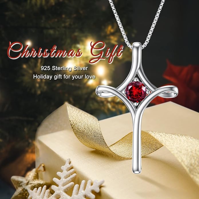 TOUPOP Cross Necklace for Women 925 Sterling Silver Birthstone Cross Pendant Fine Jewelry Anniversary Birthday Mothers Day Gifts for Mom Wife Her