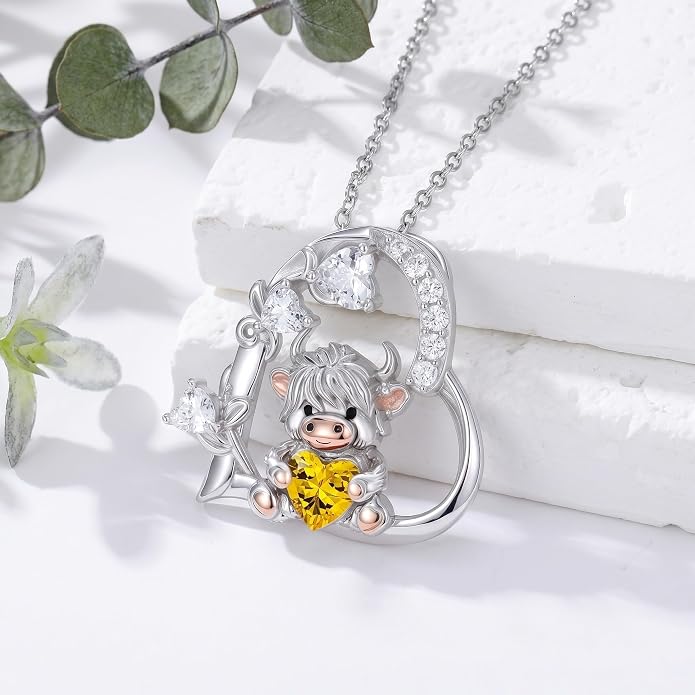 PELOVNY Teddy Bear Necklace for Women 925 Sterling Silver Bear/Highland Cow/Fox/Cat/Axolotl Birthstone Necklace Christmas Birthday Jewelry Gifts for Mom Daughter Wife Sister