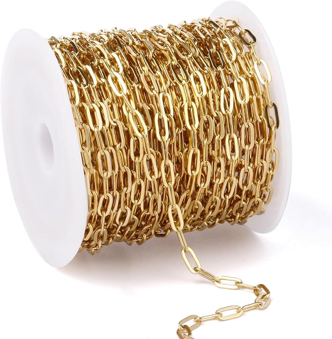 33FT 18K Gold PVD Plated Paperclip Chains Roll, 3.3mm Gold Stainless Steel Oval Link Chains Spool Bulk for DIY Jewelry Making Necklace Bracelet