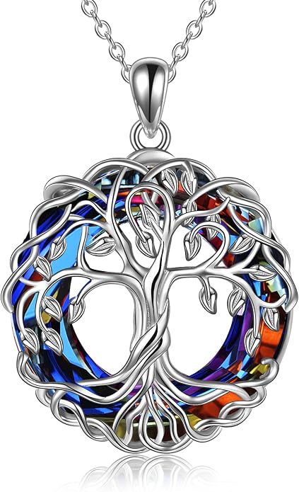 POPLYKE Tree of Life Necklace for Women Sterling Silver Celtic Knot Family Tree With Blue/Purple/Volcano Crystal Irish Gifts for Mom Wife Birthday Christmas