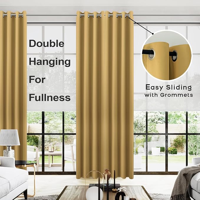 KOUFALL Elegant Luxury Curtains for Living Room,Gold Grommet Room Darkening Blackout Drapes for Bedroom Sliding Glass Patio Door,Set of 2 Panels,102 Inches Long