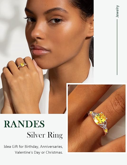925 Sterling Silver Birthstone Rings for Women Cushion Cut Engagement Celtic Knot Ring Irish Jewelry Created Gemstone Anniversary Rings Size 6-10(with Box)