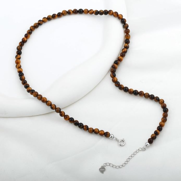 Kakikaki Natural Agate Choker Necklace Sterling Silver Round Beads Strand Necklace for Women