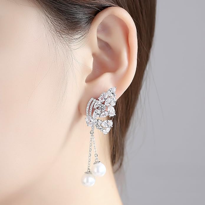 Long Earrings for Women | Wedding Earrings for Women | Cubic Zirconia Dangling Earrings for Women | Rhinestone Long Tassel Wedding Bridal Dangle Earrings | Clear Cubic Zirconia Chandelier Long Dangle Earrings for Women