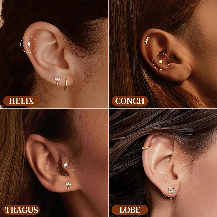G23 Titanium 10Pcs 16G/18G Stud Earrings Flat Back Tragus Cartilage Earrings Rings Hoops CZ Butterfly Flower Leafage Heart Stud Labret Conch Helix Piercing Jewelry Set