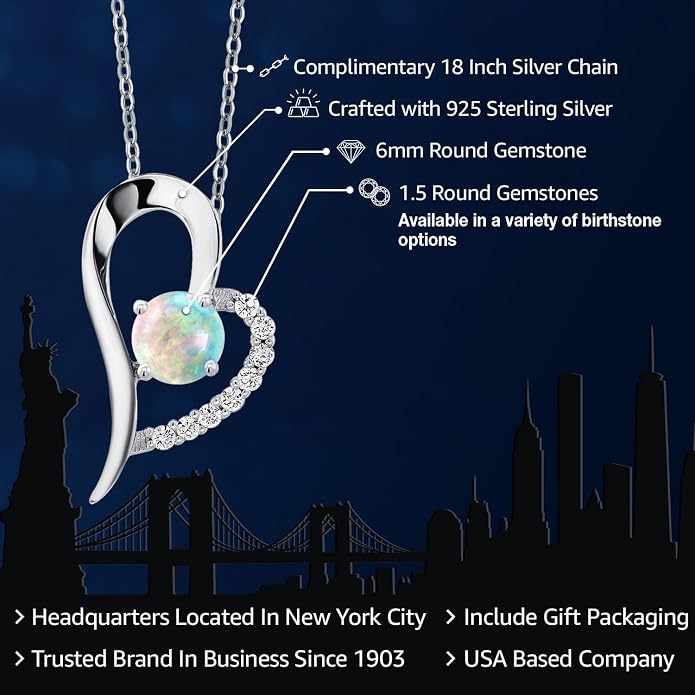 Gem Stone King Heart Shape Pendant Necklace For Women | 925 Sterling Silver | 6MM Round Gemstone Birthstone | Heart Necklace For Women | With 18 Inch Silver Chain