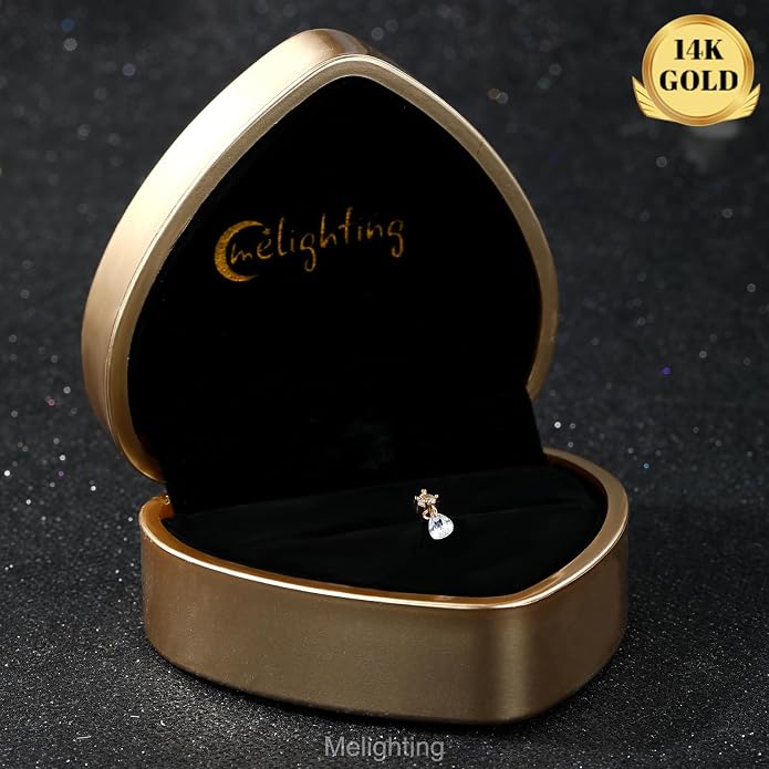 MeIighting 14K Solid Gold Helix Earring Clear CZ, Dangle Internal Thread Flat Back Earring, Teardrop Heart Round Cartilage Tragus Conch Piercing Jewelry for Women 6/8 mm