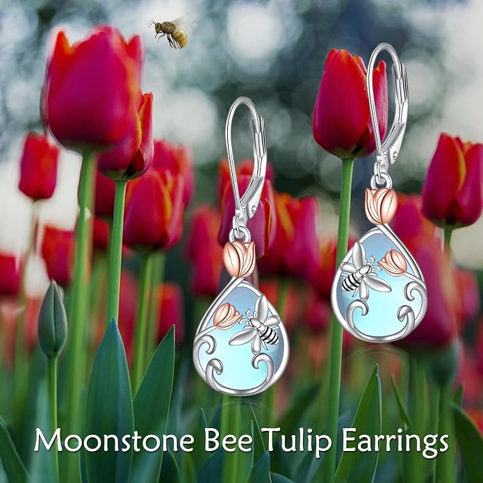 AOBOCO Teardrop Dangle Earrings for Women 925 Sterling Silver Moonstone Flower Filigree Leverback Jewelry Birthday