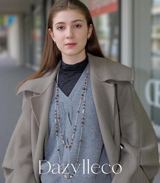 Long Beaded Silver Necklaces for Women Layered Long Statement Necklace with Stone Pearl Beads Double Sweater Chain Costume Jewelry for Women
