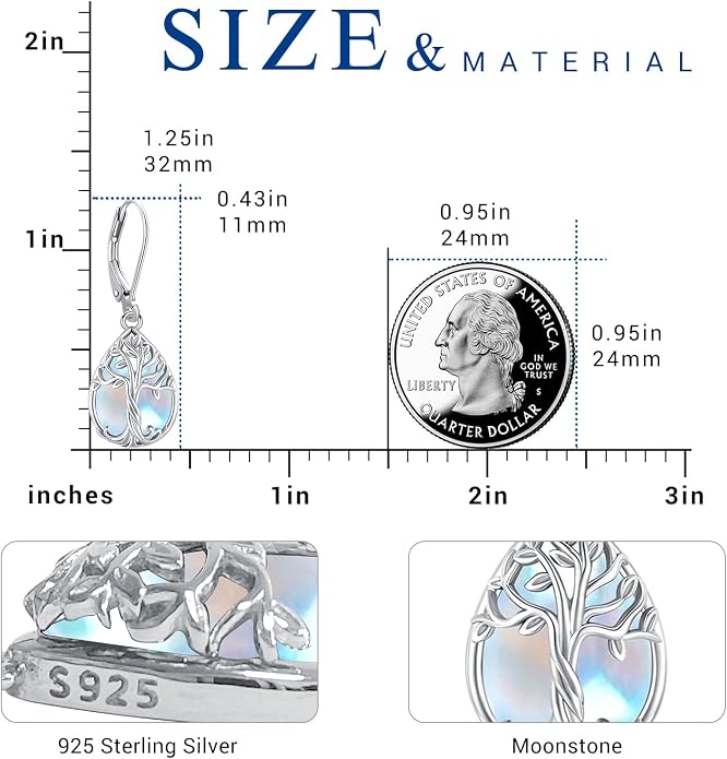 Eusense Sterling Silver Dangle Earrings for Women Tree of Life Animals Moonstone Turquoise Leverback Earrings Jewelry Gifts
