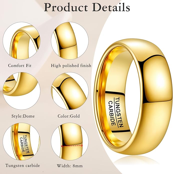 Vakki Gold Tungsten Wedding Bands for Men Women 2/4/6/8mm 14k Gold Plated Slim Stacking Stackable Engagement Promise Rings Domed High Polished Finish Comfort Fit size 5-12
