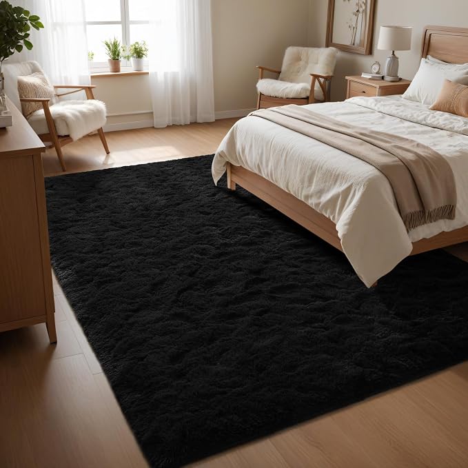 Fluffy Area Rugs for Bedroom Decor Aesthetic, 8x10 Large Black Shag Rug with Non-Slip Backing for Living Room, Fuzzy Plush Carpet Washable Rug Modern Home Decor for Kids Nursery Boys Room