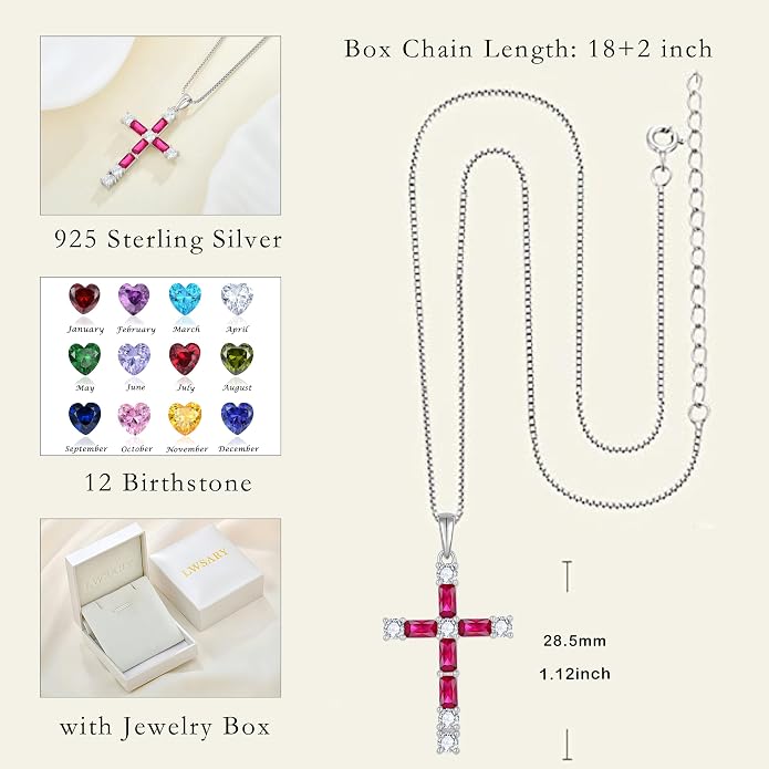Birthstone Cross Necklace for Women 925 Sterling Silver Christian Religious Crucifix Pendant Rectangular Cut Birthstone Jewelry Gifts for Her