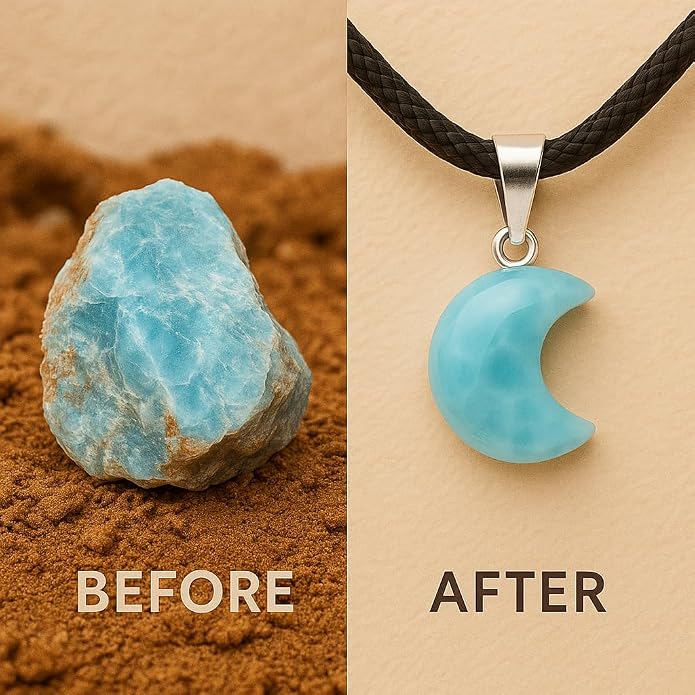 Handmade Larimar Crescent Moon Pendant Necklace – 925 Sterling Silver – Authentic Dominican Gemstone Jewelry – Healing Crystal Gift for Women & Men