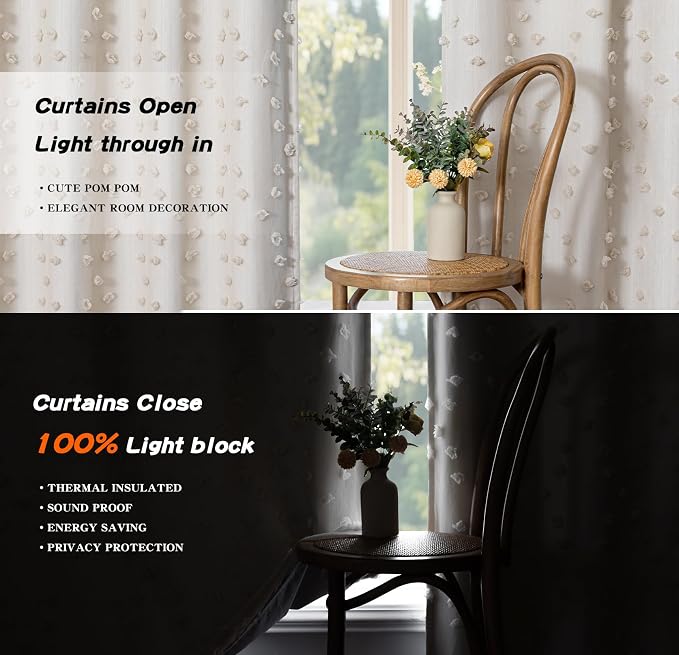 MYSKY HOME 100% Blackout Curtains for Girls Bedroom 95 Inch Long Total Room Darkening Curtain for Living Room 2 Panels Grommet Light Blocking Sliding Door Drapes Beige Pom Pom Sheer 52 x 95 Inch