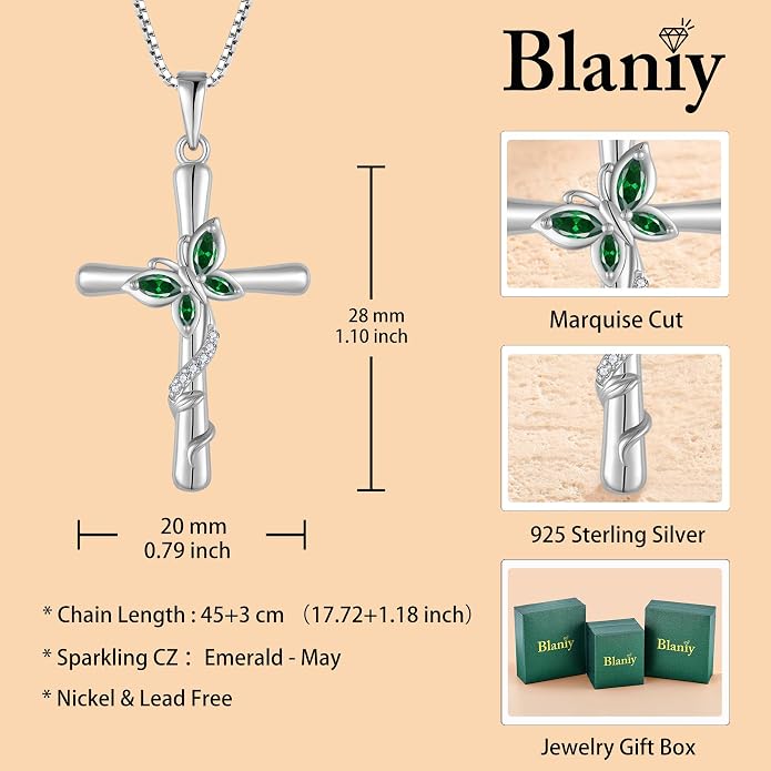 Cross Necklace for Women 925 Sterling Silver Butterfly Necklace Birthstone Pendant Created Gemstone Jewelry Gifts for Women