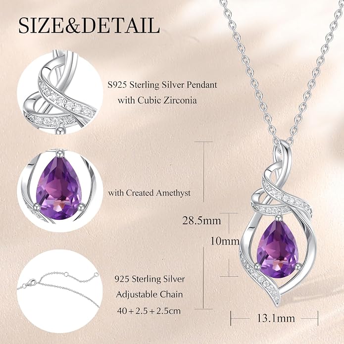 FANCIME Teardrop Birthstone Necklace for Women S925 Sterling Silver Elegant Ribbon Pendent Necklace Birthday Jewelry Gifts for Mom Wife Her, 16"+2" Inches