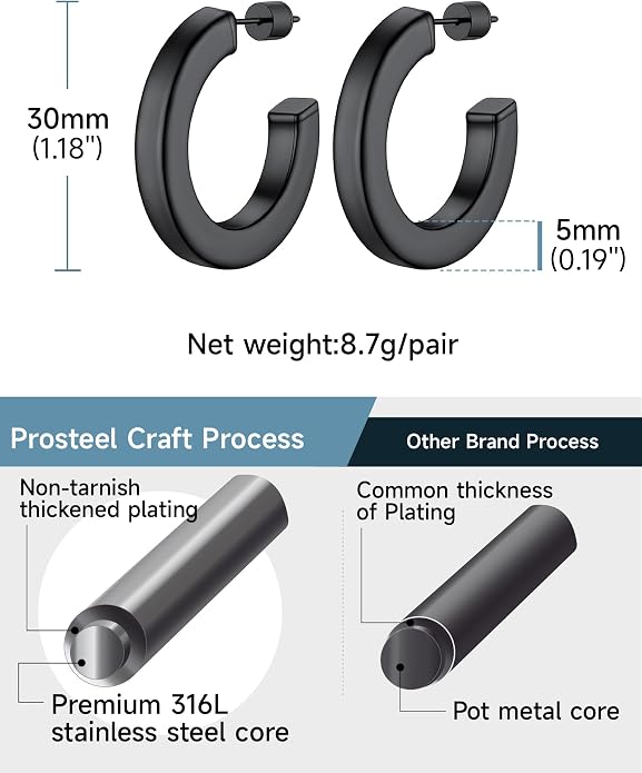 Stainless Steel Chunky Hoop Earrings For Women, Minimalist and Chic, Black/Gold Plated, Round Hoops Earrings Hypoallergenic, Size: 30mm/40mm/60mm/80mm, Come with Box