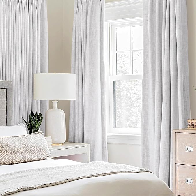 MIULEE Linen Texture Curtains for Bedroom Solid 100% Blackout Thermal Insulated Grayish White Curtains Grommet Room Darkening Curtains/Drapes for Living Room 52x63 Inch (2 Panels)