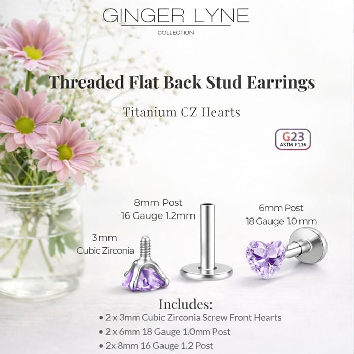 Titanium Heart CZ Labret Stud Earrings for Piercings by Ginger Lyne 6Pc Set G23 Screw Front Flat Back Body Jewelry 2 pair post 6mm, 8mm Cartilage, Helix, Tragus, Lip, Conch, Lobe