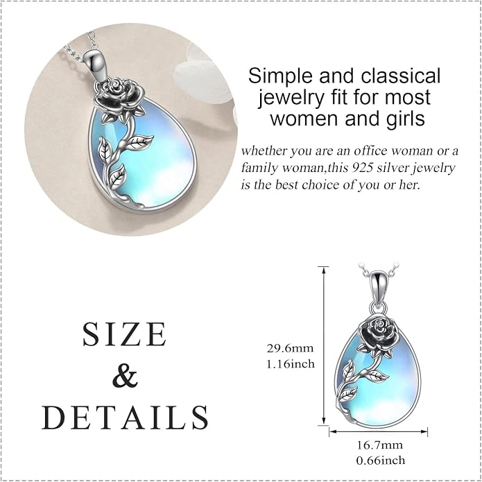 YAFEINI 925 Sterling Silver Moonstone Necklace Filigree Teardrop Pendant Necklace Jewelry for Women Girls
