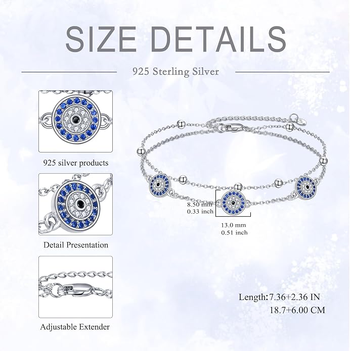S925 Sterling Silver Evil Eye Anklet for Women, Protection Charm Ankle Bracelet, Adjustable Chain Anklet, Gift for Her