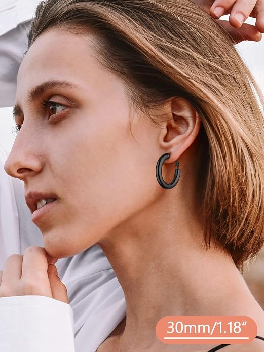 FaithHeart Chunky Hoop Earrings for Women, Silver/Black/14K Gold Plated Stainless Steel Earrings 5mm Thick Hollow Tube Hoops Hypoallergenic Lightweight Earring 20/30/40/50/60/70/80mm