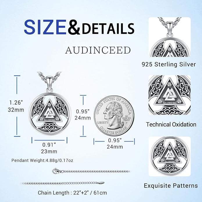 Thors Hammer Necklace/Viking Tree of Life/Valknut/Vegvisir/Triskelion/Sword/Spear Point Arrowhead/Urn Necklace for Ashes/Compass Necklace 925 Sterling Silver Amulet Jewelry for Men Women