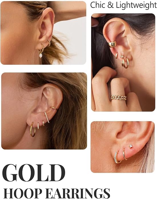 Silvora Sterling Silver Hoop Earrings for Women, Small Hoops 14K Gold Plated/925 Silver/Rose Gold/Black, Hypoallergenic Huggie Lightweight Cartilage Sleeper Earrings 8/10/12/14/16/18/20mm