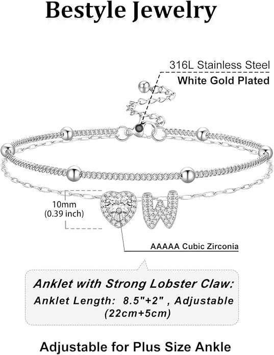 Bestyle Initial Anklet Bracelets for Women Waterproof Non Tarnish 14K Gold/White Gold Plated CZ Anklets for Women Dainty Layered Letter Heart Ankle Bracelets Adjustable Foot Chain Anklet