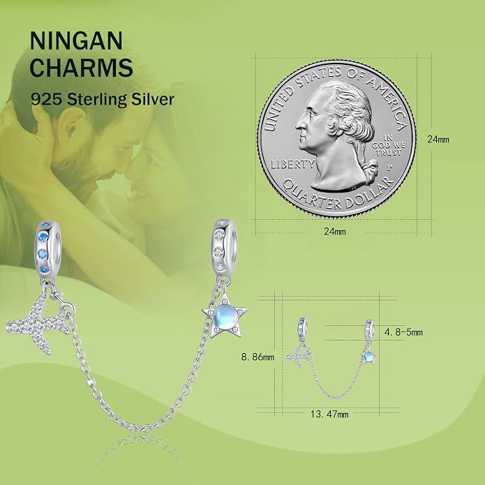 NINGAN 925 Sterling Silver Charm Golden Love Charm Buckle Safety Chain Travel Bead Firefly Dragonfly Pendant, Suitable for Women Bracelet and Necklace as Gift from Mom and Friends
