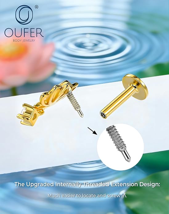 OUFER Silver Flat Back Earrings-16G Gold Forward Helix Piercing Jewelry, Internal Thread Clear CZ Pendant Helix Cartilage Tragus Conch Lobe Piercing Jewelry