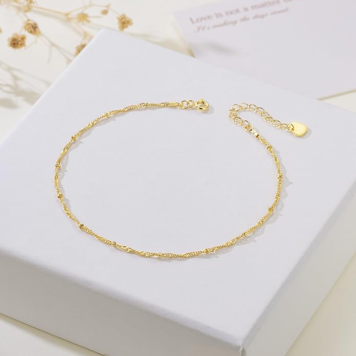 14K Gold Anklets for Women Gold Ankle Bracelets for Women Beaded Anklet for Womens Ankle Bracelet Water Wave-Inspired Design with Beads Twisted Anklets for Womens 9.4'' to 11''