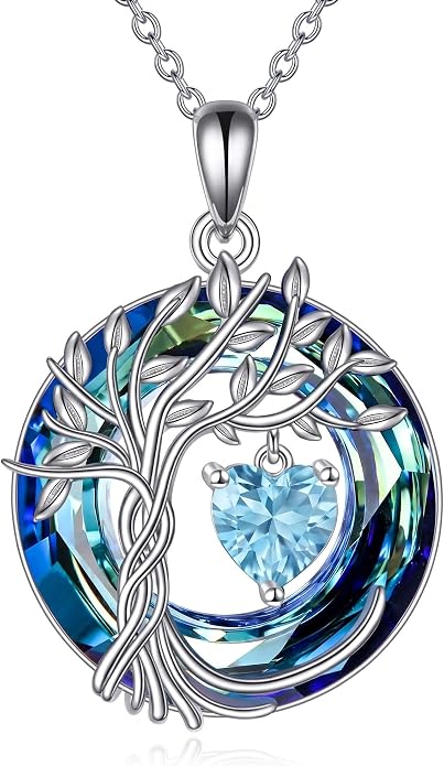 CRMAD Tree of Life Necklace Birthstone Pendant Necklaces with Crystal Anniversary Birthday Wedding Jewelry for Mom Her Wife Sister
