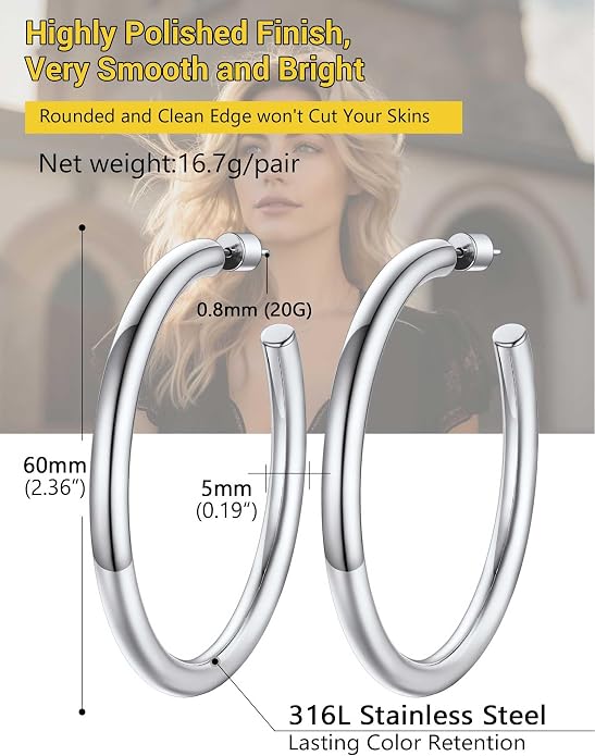 Stainless Steel Chunky Hoop Earrings For Women, Minimalist and Chic, Black/Gold Plated, Round Hoops Earrings Hypoallergenic, Size: 30mm/40mm/60mm/80mm, Come with Box