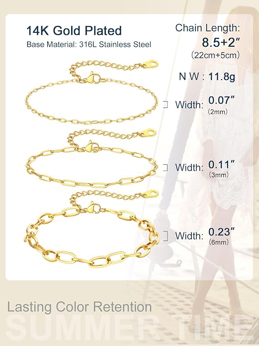 ChainsPro Stainless Steel Waterproof Anklet for Women, Adjustable Non Tarnish Layered Anklets, Trendy Dainty Cuban Link Ankle Bracelet Beach Jewelry Gifts for Swimming & Daily Wear (8.5+2 inches)