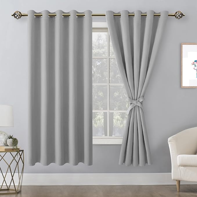 Hiasan Blackout Curtains for Bedroom, 60 x 63 Inches Length - Thermal Insulated & Light Blocking Window Curtains for Living Room, 2 Drape Panels Sewn with Tiebacks, Silver Grey