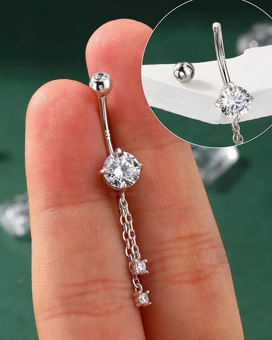 COCHARM 14K Gold Plated Belly Button Rings Dangling 925 Sterling Silver Belly Navel Rings Dangle Chain Belly Piercing Jewelry Hypoallergenic