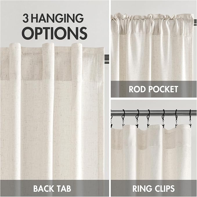 MIULEE Non-See-Through Privacy Linen Curtains 52W x 54L Inch Natural White | 2 Panels, Light Filtering, Semi Sheer Window Curtains, Farmhouse Textured, Back Tab Drapes for Bedroom Living Room