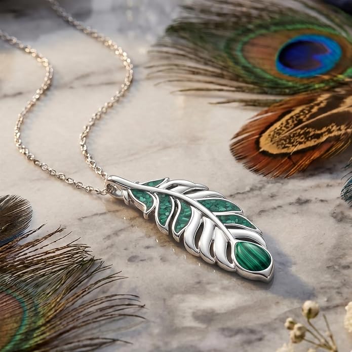 Feather Necklace White Gold Boho Jewelry Nature Inspired Statement Birthstone Pendant Gifts for Women
