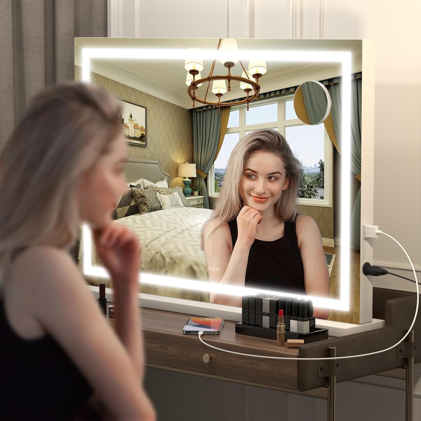Hasipu Vanity Mirror with Lights, 32" x 24" LED Makeup Mirror, Lighted Makeup Mirror with Dimmable 3 Modes, Touch Screen Control Vanity Mirror Square White