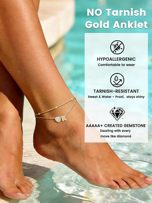 Bestyle Initial Anklet Bracelets for Women Waterproof Non Tarnish 14K Gold/White Gold Plated CZ Anklets for Women Dainty Layered Letter Heart Ankle Bracelets Adjustable Foot Chain Anklet