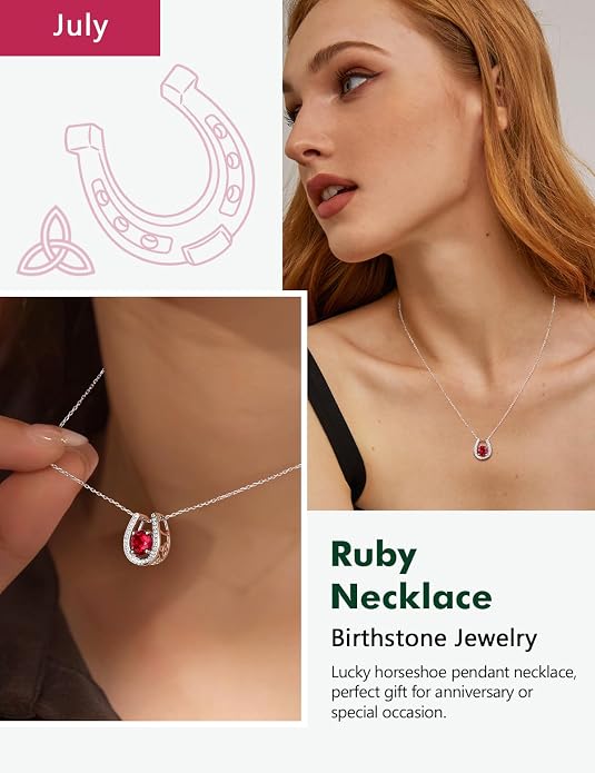 925 Sterling Silver Horseshoe Necklace for Women Round Gemstone Birthstone Necklace Sapphire/Emerald/Ruby/CZ Horse Shoe Pendant Necklaces Jewelry Gift