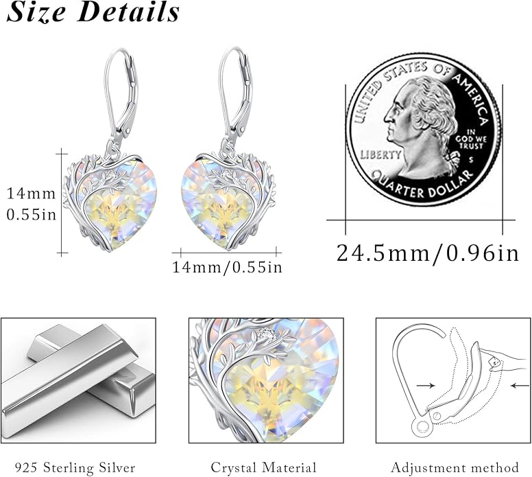 Tree of Life Earrings for Women 925 Sterling Silver Tree of Life Drop Earrings with Heart Crystal Tree of Life Jewelry Birthday Anniversary Party Gifts for Women Girls
