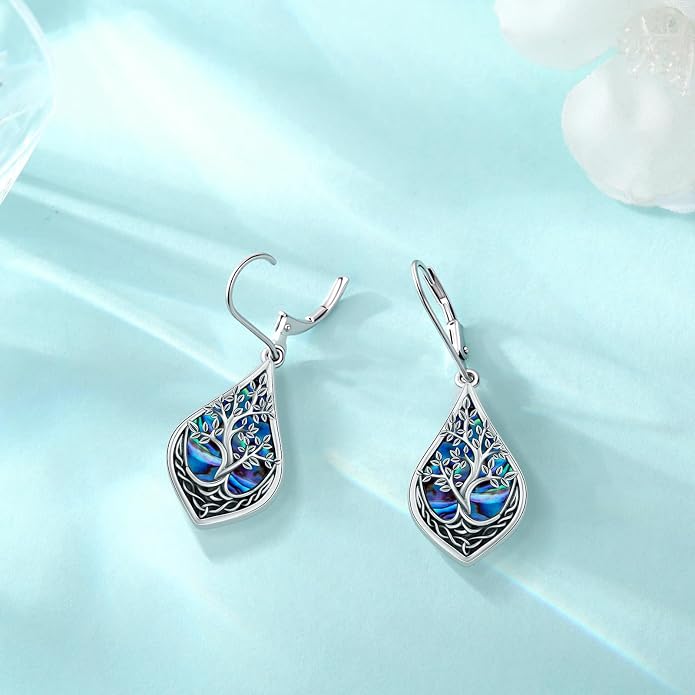 Eusense Sterling Silver Dangle Earrings for Women Tree of Life Animals Moonstone Turquoise Leverback Earrings Jewelry Gifts