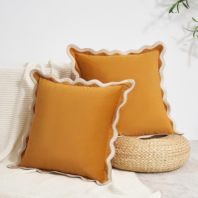 MONDAY MOOSE Decorative Throw Pillow Covers Cushion Cases, Set of 2 Soft Velvet Scalloped Wavy Edge Designs, Mix and Match for Home Decor, Pillow Inserts Not Included (16x16 inch, Cream/Honey)