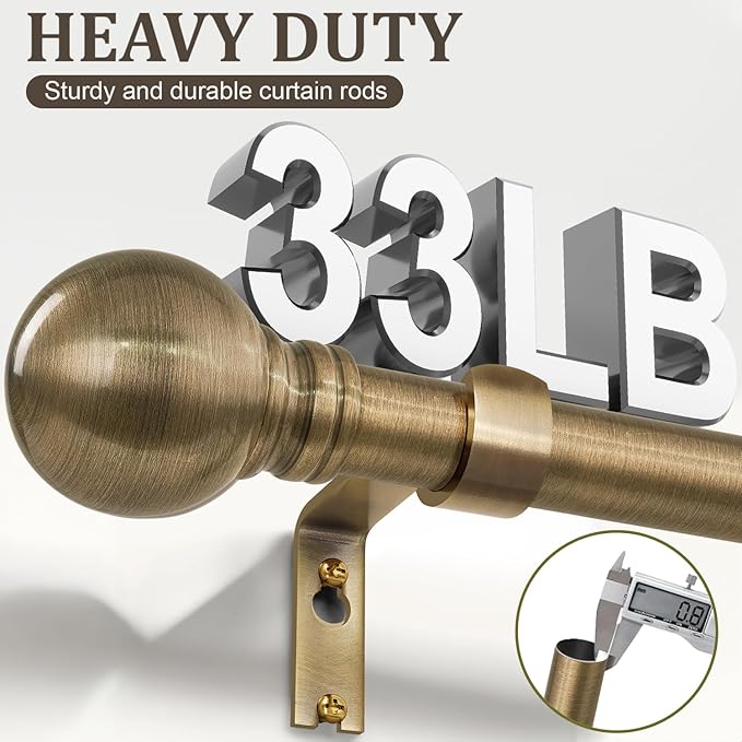 Antique Bronze Curtain Rods for Windows 66 to 120 Inch 1" Diameter | Heavy Duty Brass Window Curtain Rod with Metal Finials for Living Room Bedroom Farmhouse