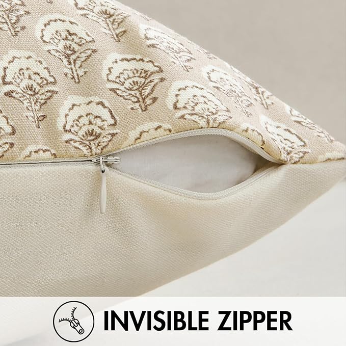 MIULEE Set of 2 Decorative Floral Pillow Covers Neutral Vintage Throw Pillows Block Print Boho Farmhouse Cushion Covers for Spring Home Decor Couch Sofa Bed Living Room, 20x20 Inch, Cream Oatmea